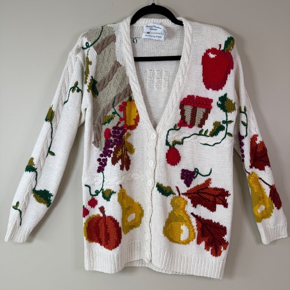 Marisa Christina Sweaters - Marisa Christina Hand Knit Fruit Harvest Vintage Button Cardigan Fall Novelty M